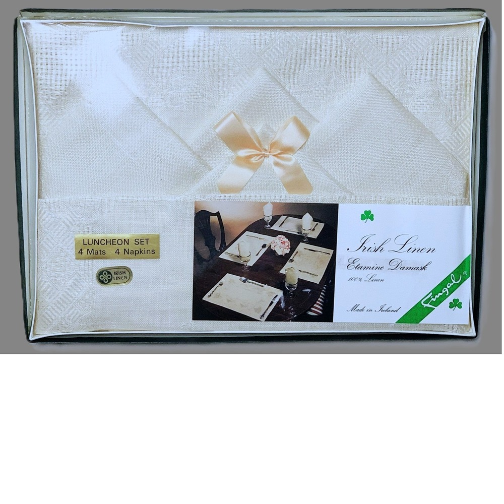 Etamine Damask Pure Irish Linen 8pc Set Placemats / Napkins Mushroom Beige Color